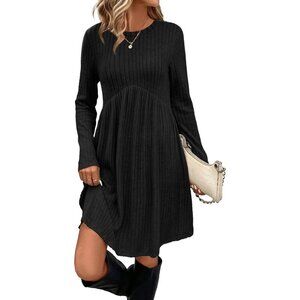 Ofeefan Women Black Crew Neck Long Sleeve Empire Waist Dress with Pockets